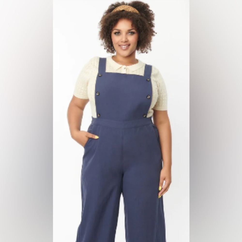 Plus Size Navy Blue Wide Leg Overalls